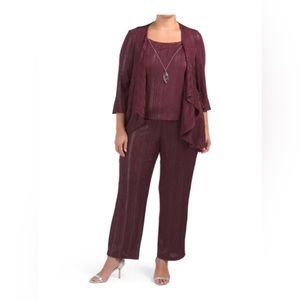 NWT R&M RICHARDS Plus Size 22W Wine Metallic 3pc Fly Away Jacket Pant Suit